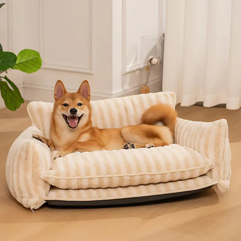 Stylish Dual-Layer Striped Faux Lambswool Pet Sofa Bed