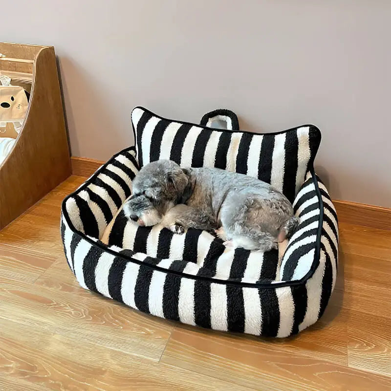 Stylish Dual-Layer Striped Faux Lambswool Pet Sofa Bed