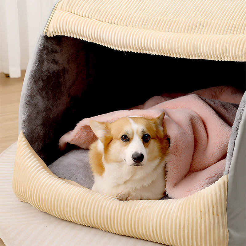 Warm Flannel Detachable Semi-Enclosed Large Dog Tent Bed